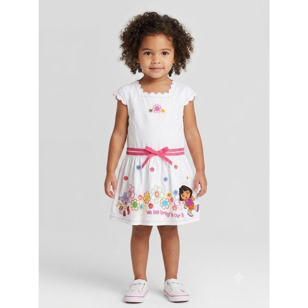 Vintage Y2K Dora the Explorer Floral Embroidered Dress 4T Cottagecore EUC